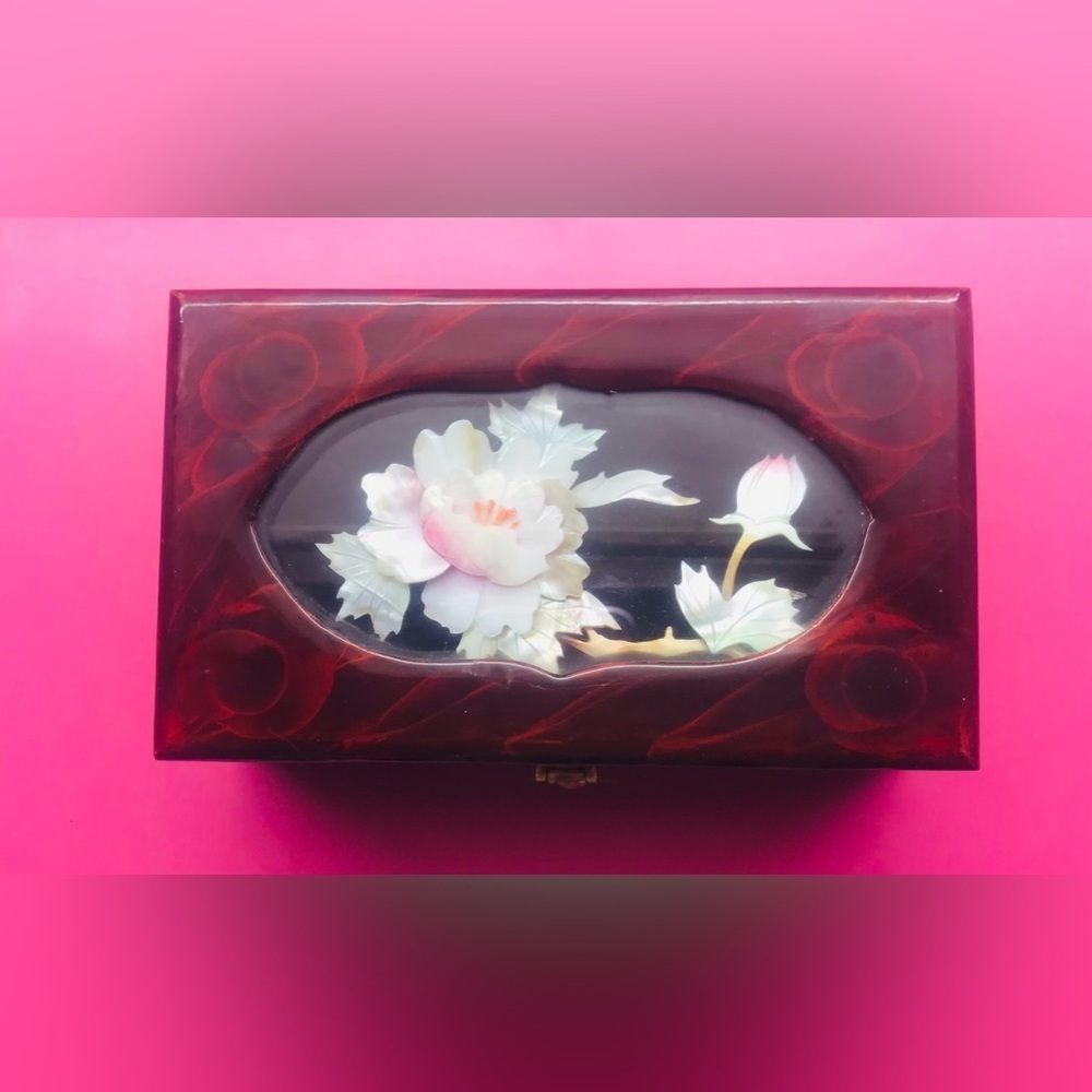 Brown Lacquer with Gold Latch and Mother of Pearl Shadow Box Top Red Inside